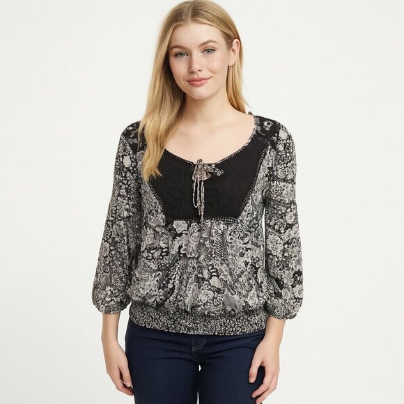 American Rag M Black White Paisley Lace Chiffon Peasant Top Whimsigoth Boho - Picture 1 of 7